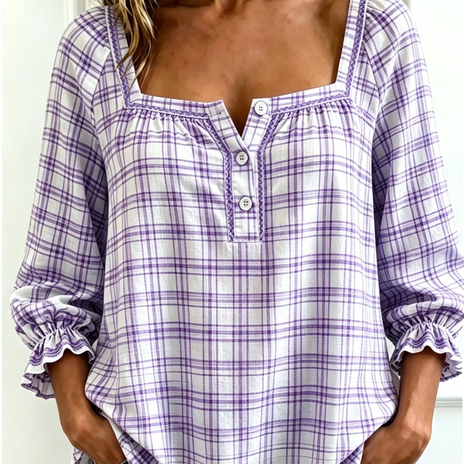 🔥LAST DAY 49% OFF - 🌸Women's Cotton Linen Gingham Square-Neck Short-Sleeve Top