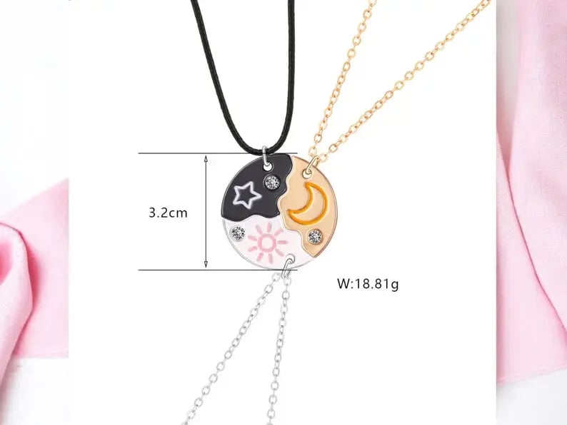 Set of 3 Round Rhinestone Star Moon Sun Friendship Necklaces