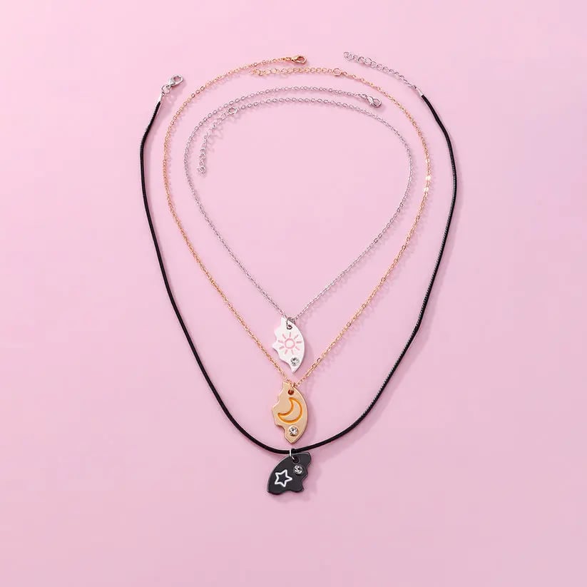Set of 3 Round Rhinestone Star Moon Sun Friendship Necklaces