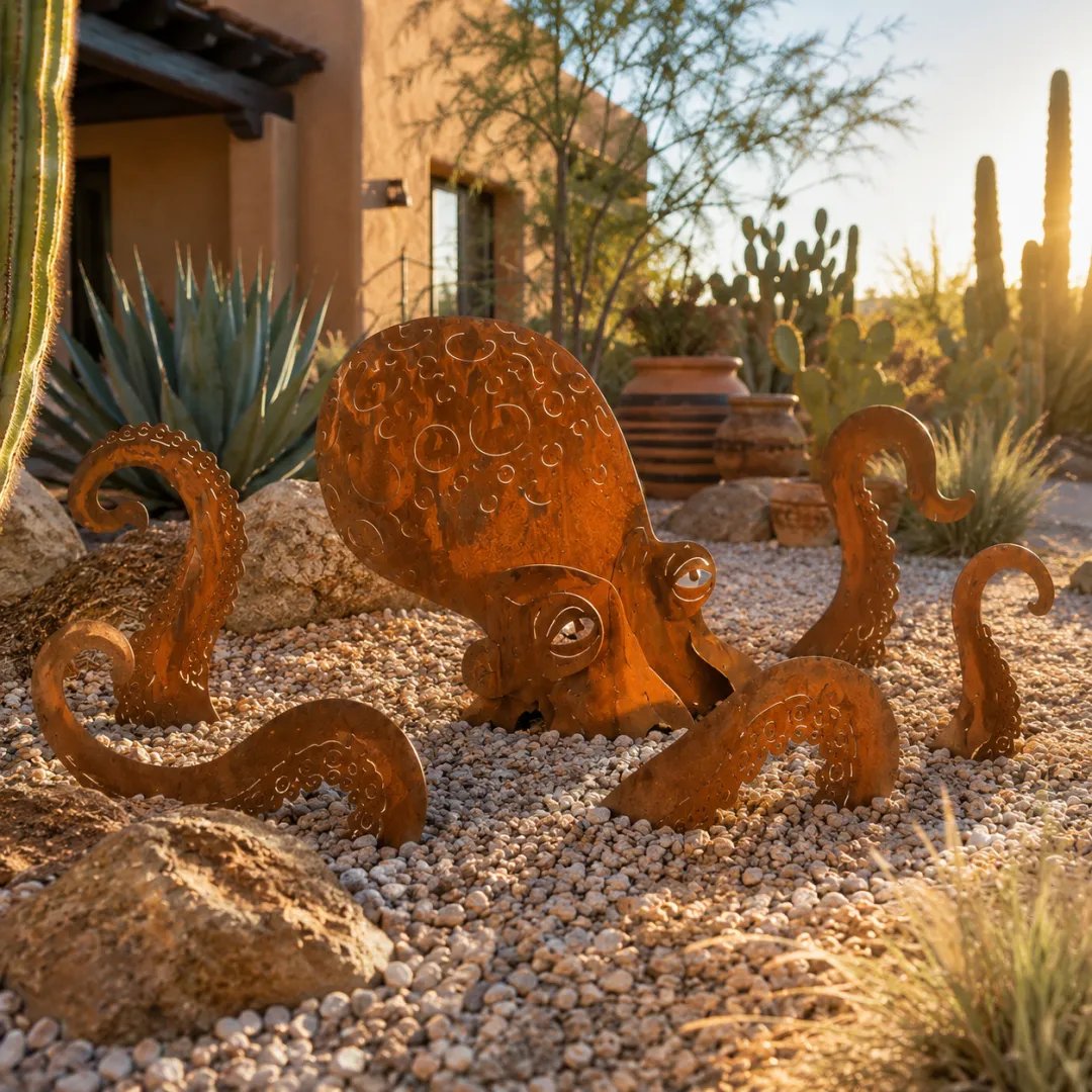 Rust Patina Giant Squid Garden Sculpture