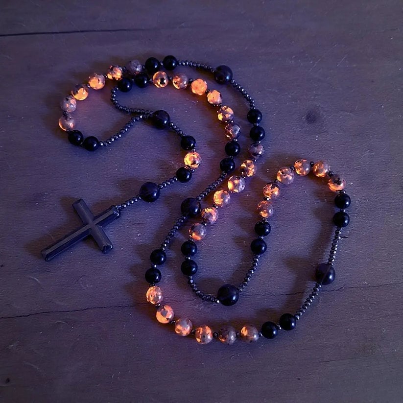 Natural Obsidian Yooperlite Rosary Necklace, UV Reactive Energy Protection Healing Crystal