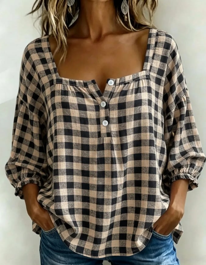 🔥LAST DAY 49% OFF - 🌸Women's Cotton Linen Gingham Square-Neck Short-Sleeve Top