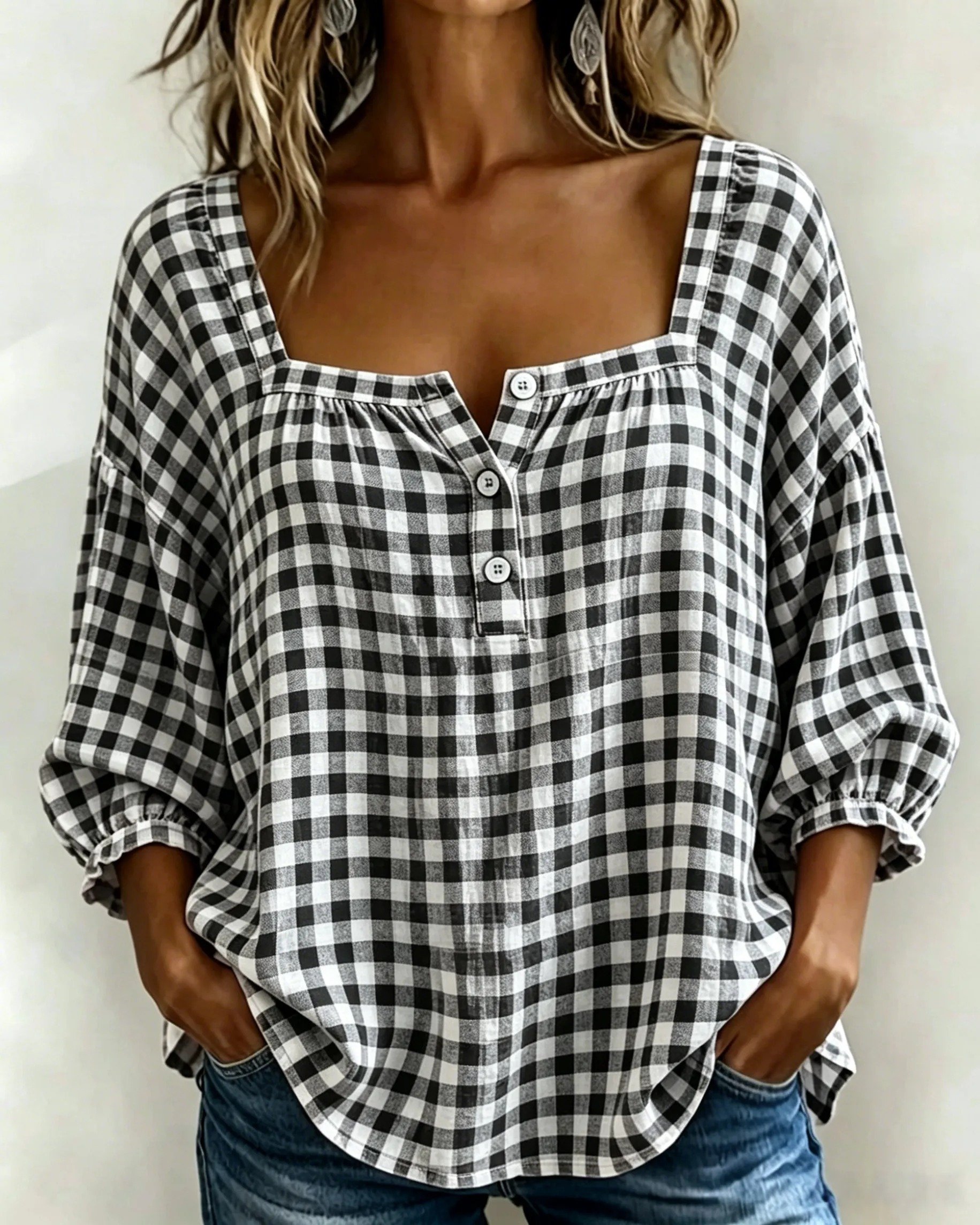 🔥LAST DAY 49% OFF - 🌸Women's Cotton Linen Gingham Square-Neck Short-Sleeve Top