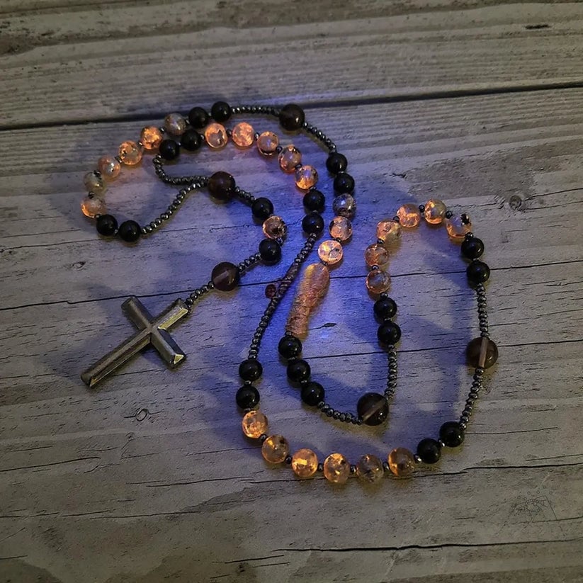 Natural Obsidian Yooperlite Rosary Necklace, UV Reactive Energy Protection Healing Crystal