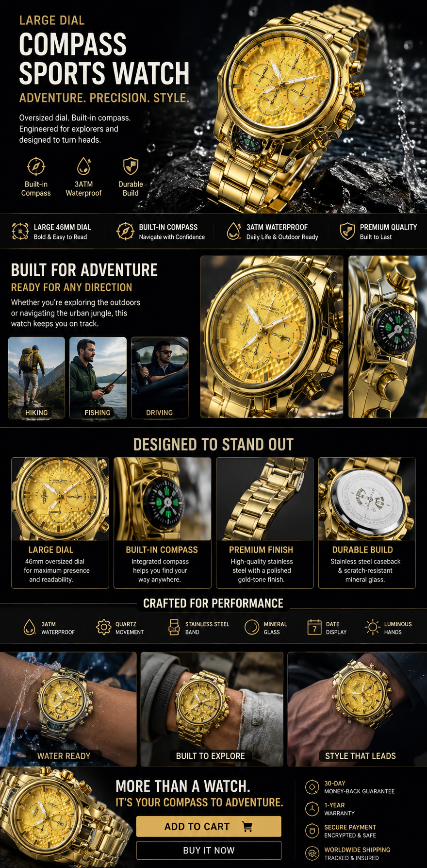Large dial compass sports watch⌚️Fashion Casual Stainless Steel Wristwatch