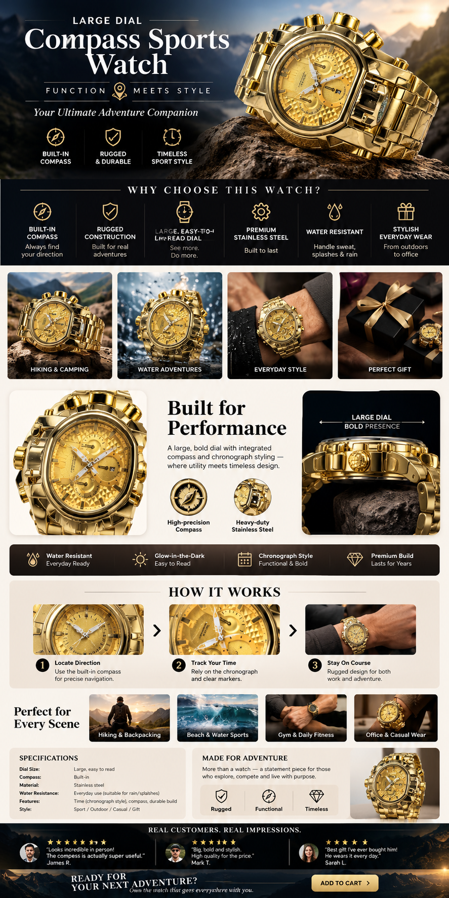 Large dial compass sports watch⌚️Fashion Casual Stainless Steel Wristwatch