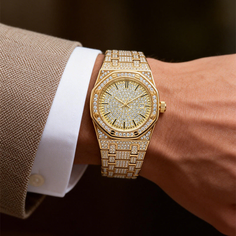 ✨Men's Full Diamond Single Calendar Quartz Watch, Luxury Style