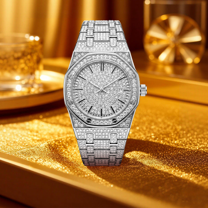 ✨Men's Full Diamond Single Calendar Quartz Watch, Luxury Style