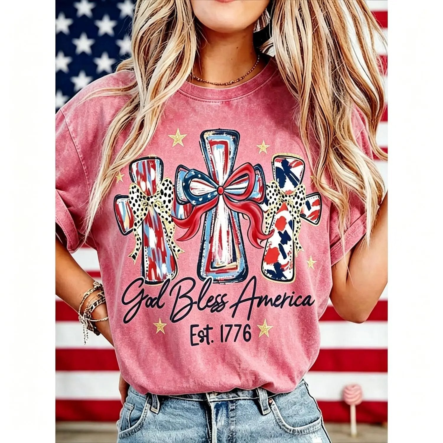 ⭐ God Bless America Women Washed T-Shirt - Vintage 250th Anniversary USA Gift Tee🎆