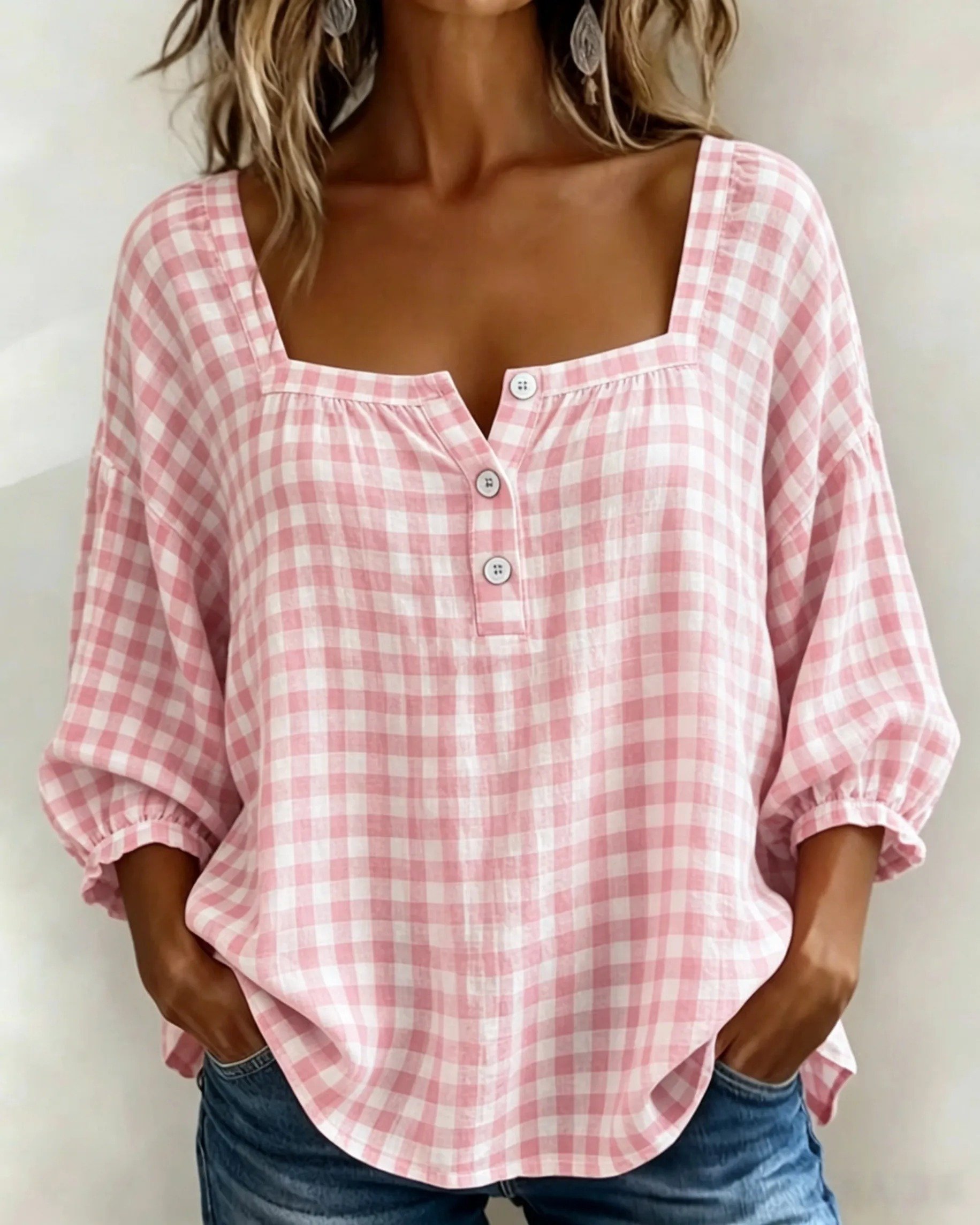 🔥LAST DAY 49% OFF - 🌸Women's Cotton Linen Gingham Square-Neck Short-Sleeve Top