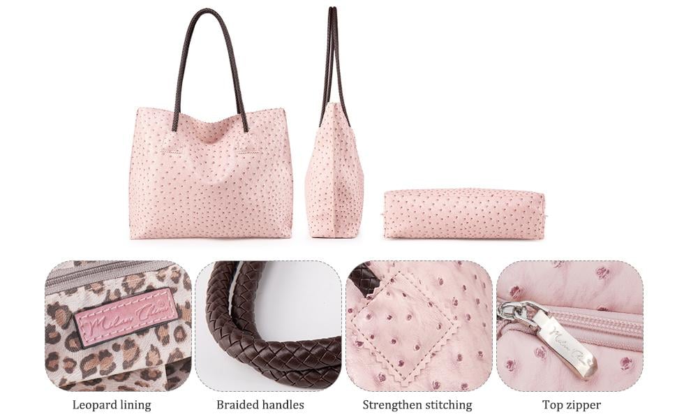 Milan Chiva Women's Oversized Ostrich-Print Vegan Leather Tote Bag, Casual and Stylish Zipper Bag, Leopard-Print Lining, Casual Commuter Bag, Minimalist Shoulder Bag