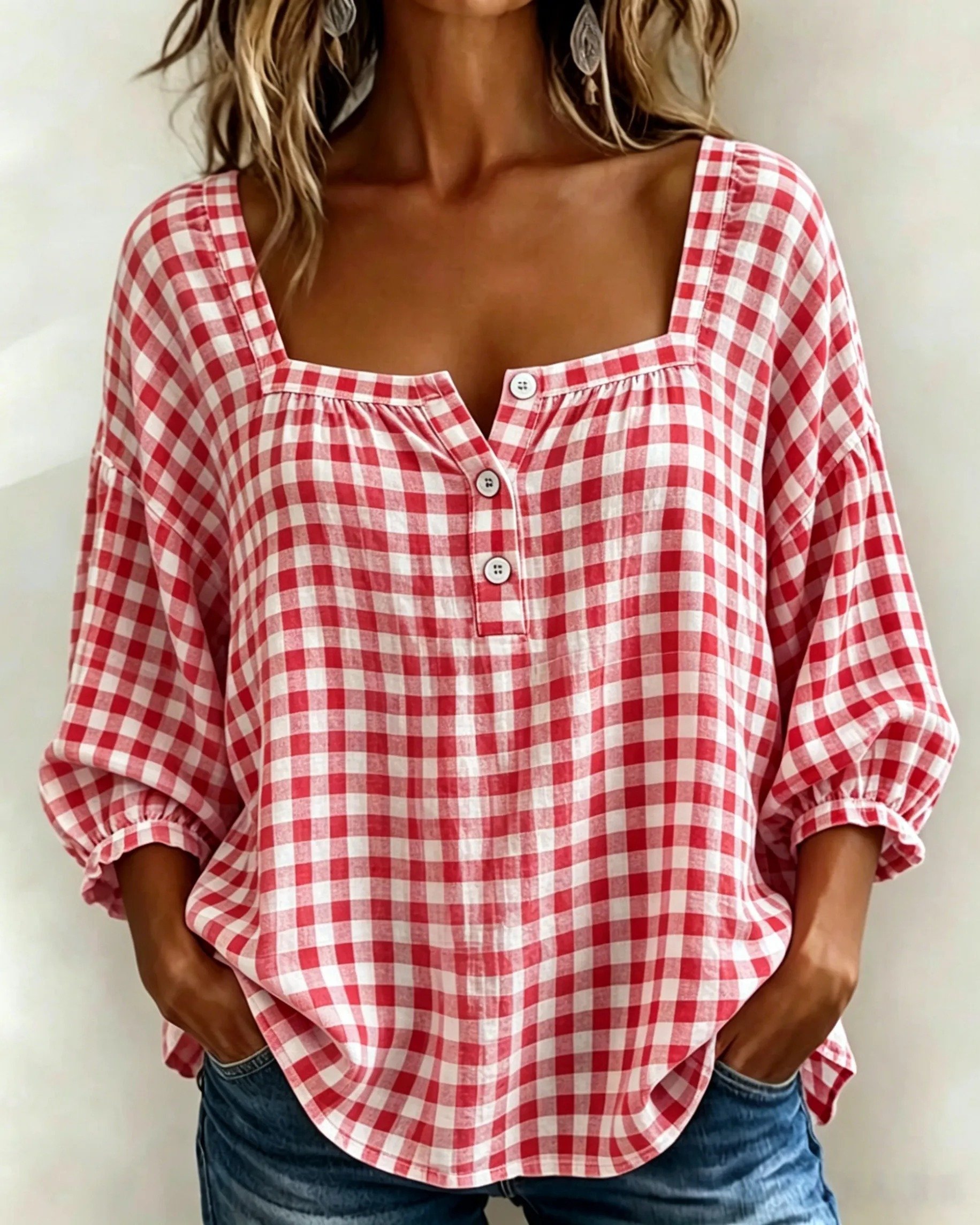🔥LAST DAY 49% OFF - 🌸Women's Cotton Linen Gingham Square-Neck Short-Sleeve Top