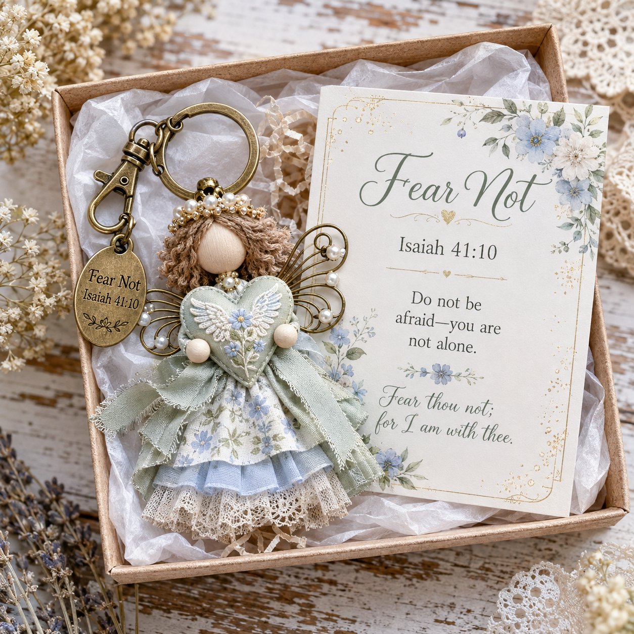 🔥Last Day 50% OFF - 🪽 Faith Guardian Keychain Scripture Gift Set Collection | Layered Fabric Charm, Inspirational Scripture Card & Ready-to-Gift Box Included 💕
