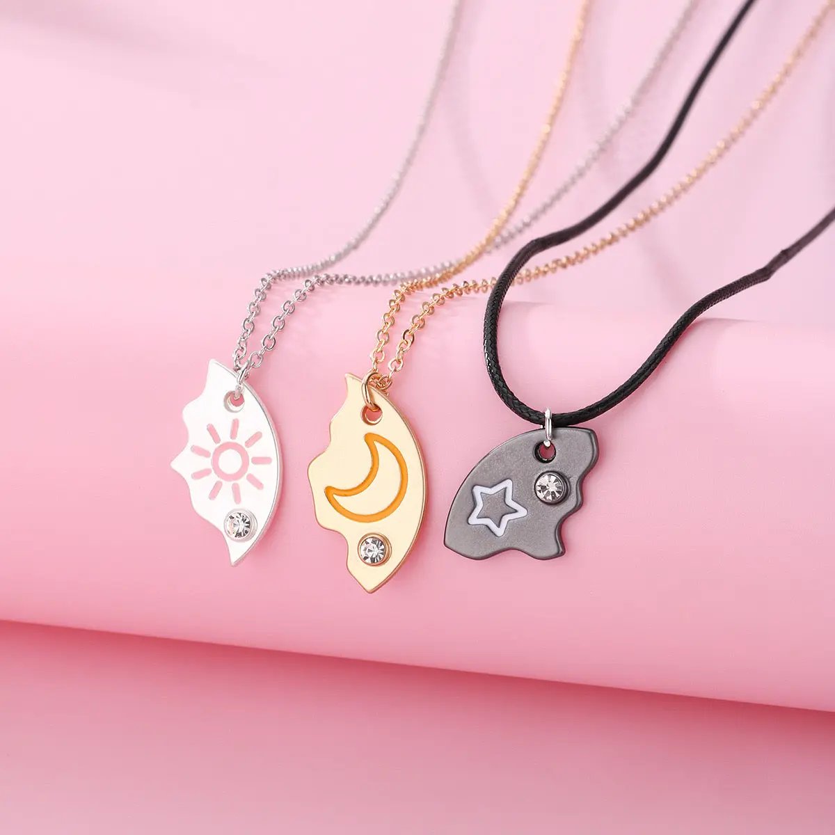 Set of 3 Round Rhinestone Star Moon Sun Friendship Necklaces