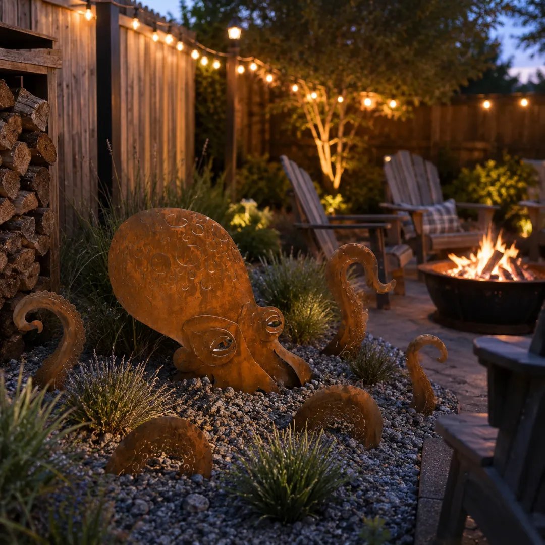 Rust Patina Giant Squid Garden Sculpture