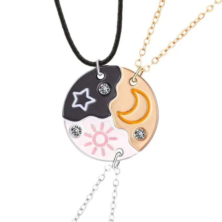 Set of 3 Round Rhinestone Star Moon Sun Friendship Necklaces