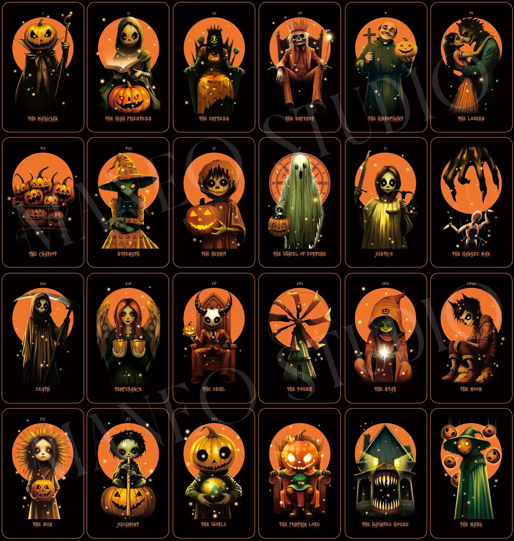 🎃The Halloween Tarot (Tarot Rider–Waite, 81 Cards, Gloss Linen Stock, Pumpkin Gilded Edges, Orange Foil Box)