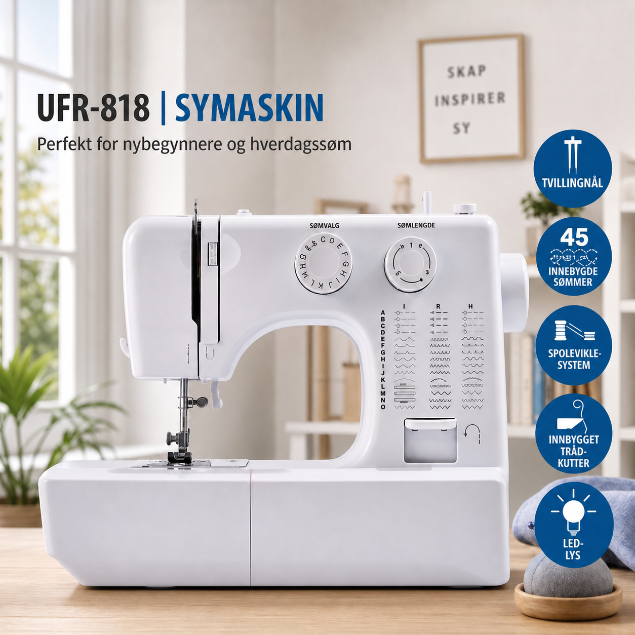 Multifunksjonell symaskin til hjemmebruk med dobbel tråd, tvillingnål og 45 sømalternativer.