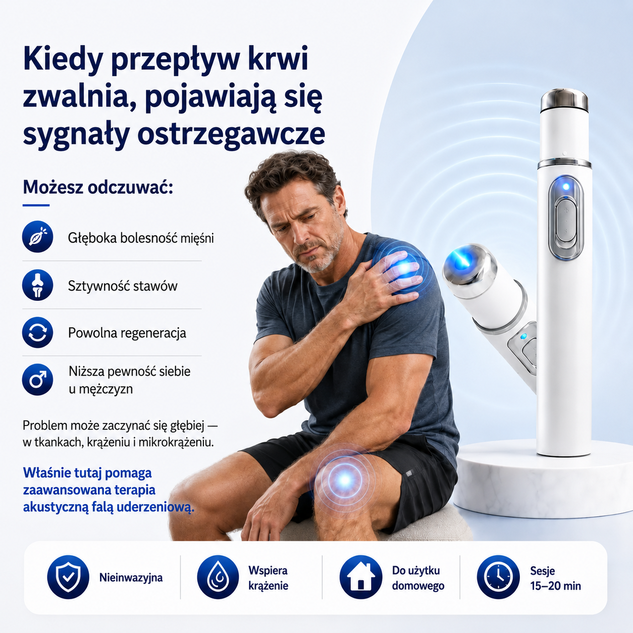 ⚡ Zaawansowana terapia falą uderzeniową wspiera męską sprawność 💪 i pomaga łagodzić ból mięśni, stawów oraz ścięgien 🦵