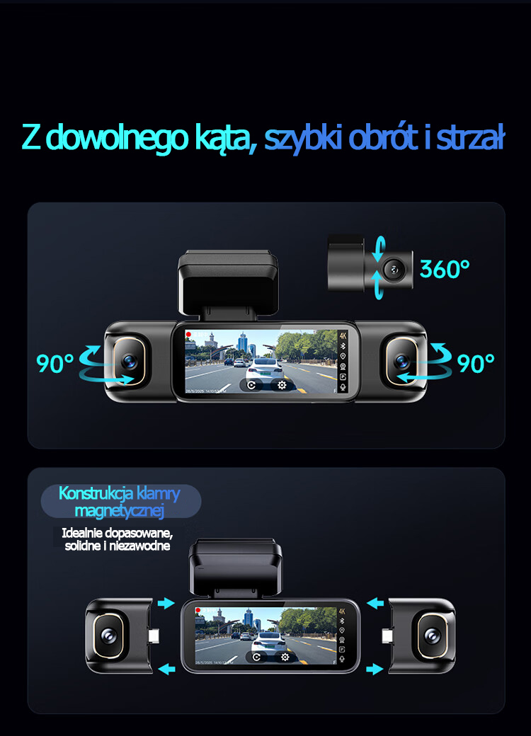 Kamera samochodowa 360° z czterema obiektywami, 4K Ultra HD, nocne nagrywanie i GPS