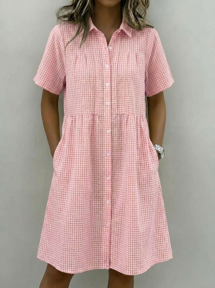 Today 49% off🔥Women’s Cotton Linen Gingham Button-Up Shirt Dress