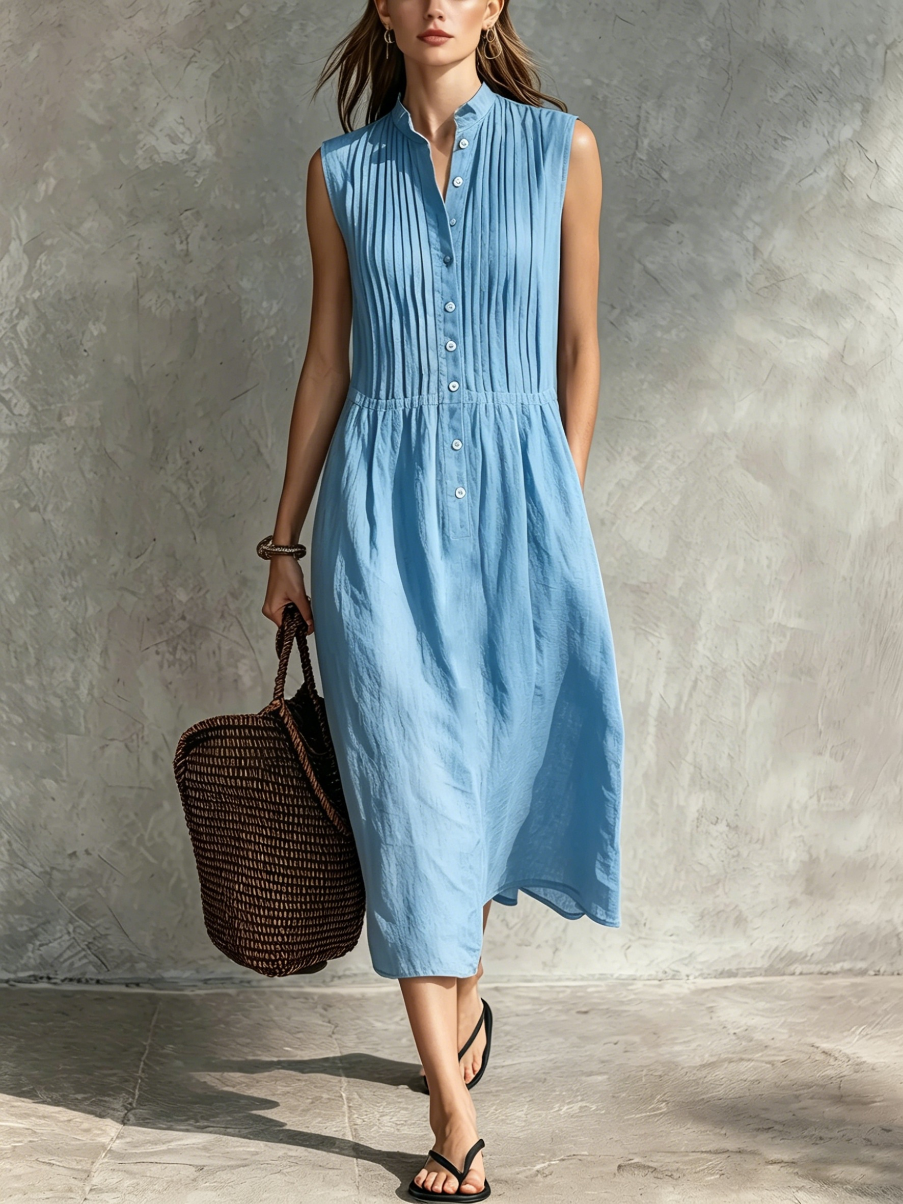 Women’s Casual Cotton-Linen Sleeveless Midi Dress