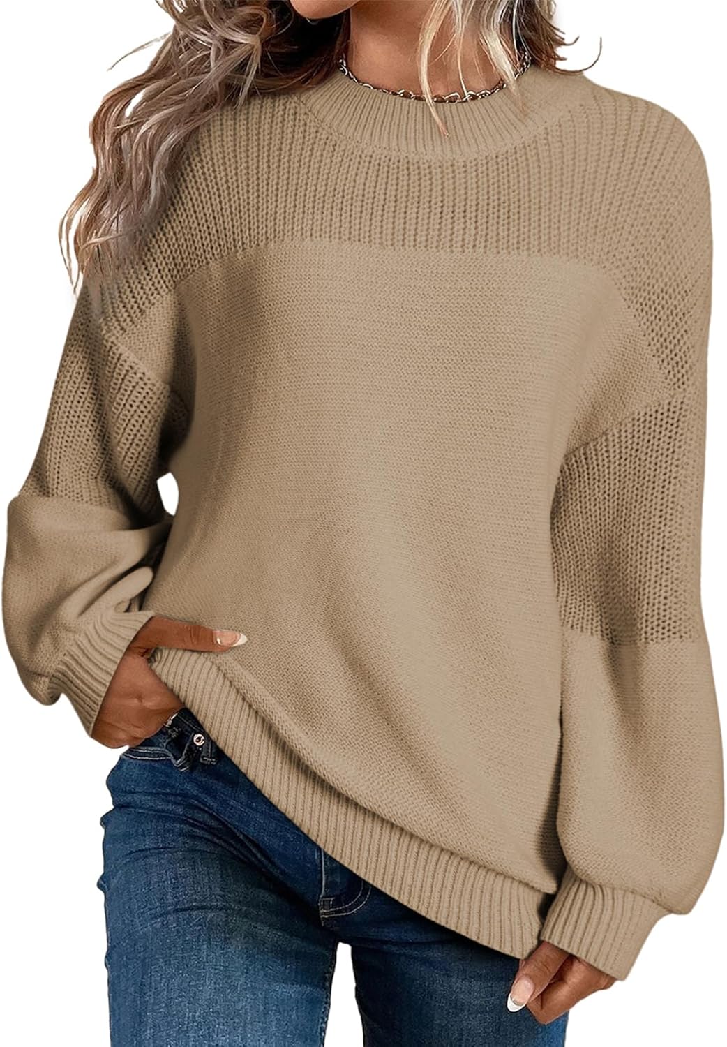 Women's Casual Long Sleeve Loose Round Neck Knit Solid Colour Pullover Sweater