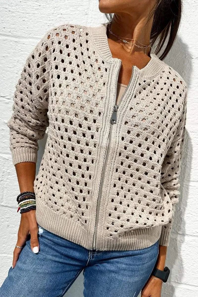 Women’s Casual Hollow Knitwear Zipper Jacket, Crochet Fishnet Knit Shrugs Sweater Jacket Lightweight Cardigans Sweater