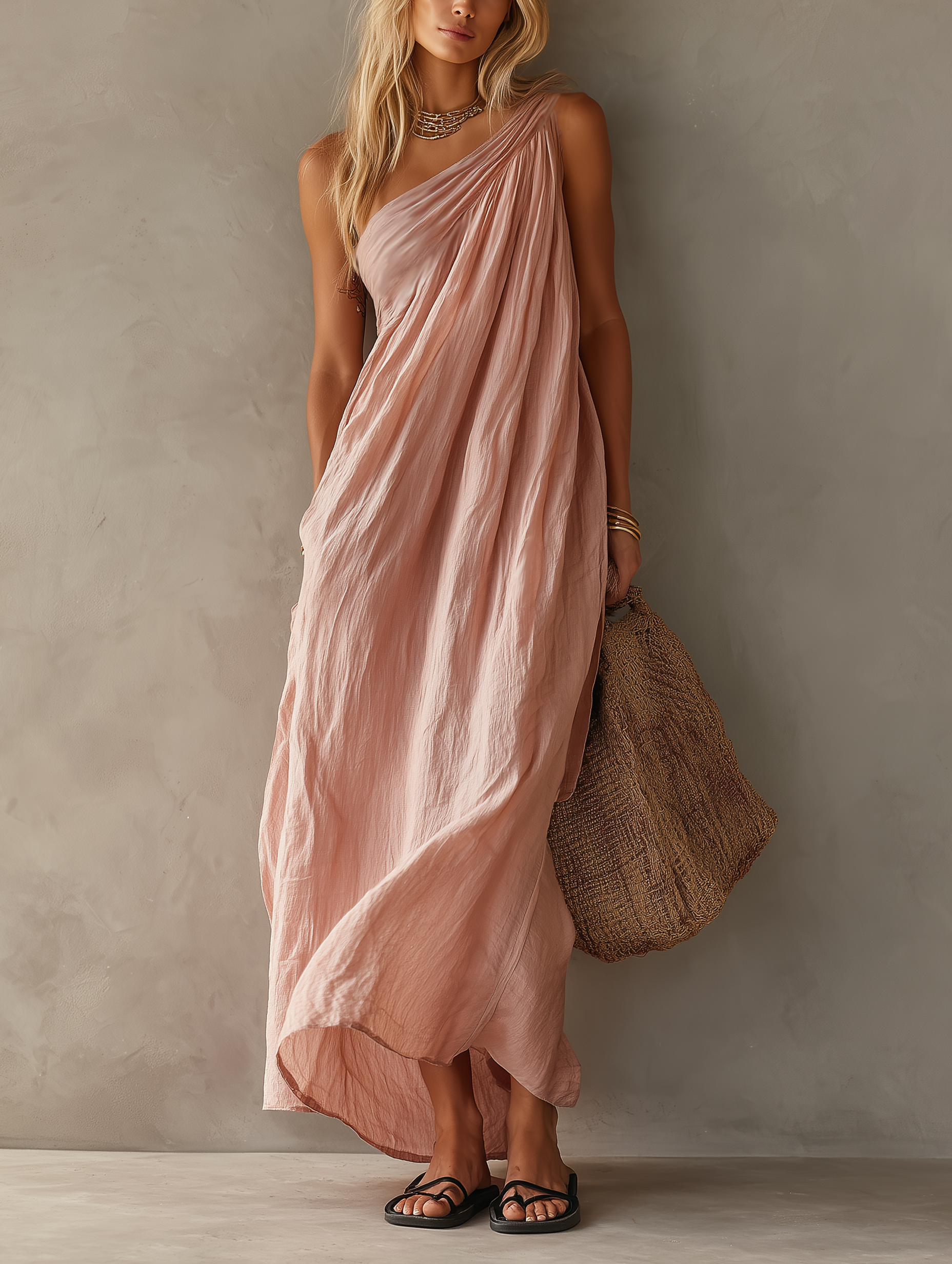 Women's Elegant Pink Cotton-Linen One-Shoulder Sleeveless Maxi Dress
