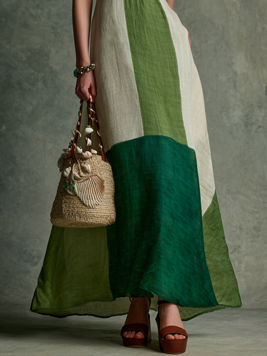 Women's Vacation Style Green And White Color-Block Linen-Cotton Halter V-Neck Waist-Tailored Maxi Dress