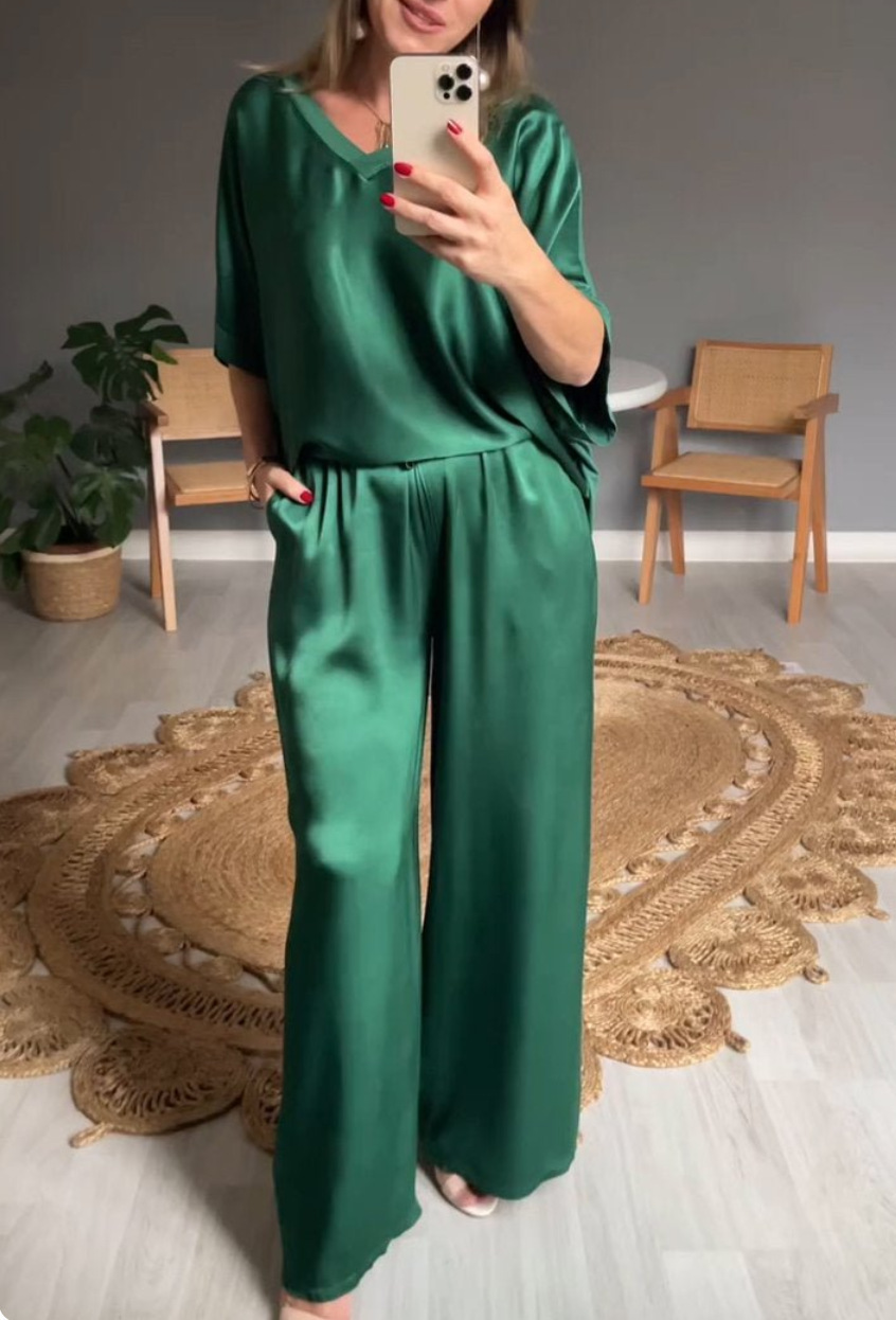 Women's V-Neck Tops Long Pants Set Casual Loose Outfit Summer Homewear Suit