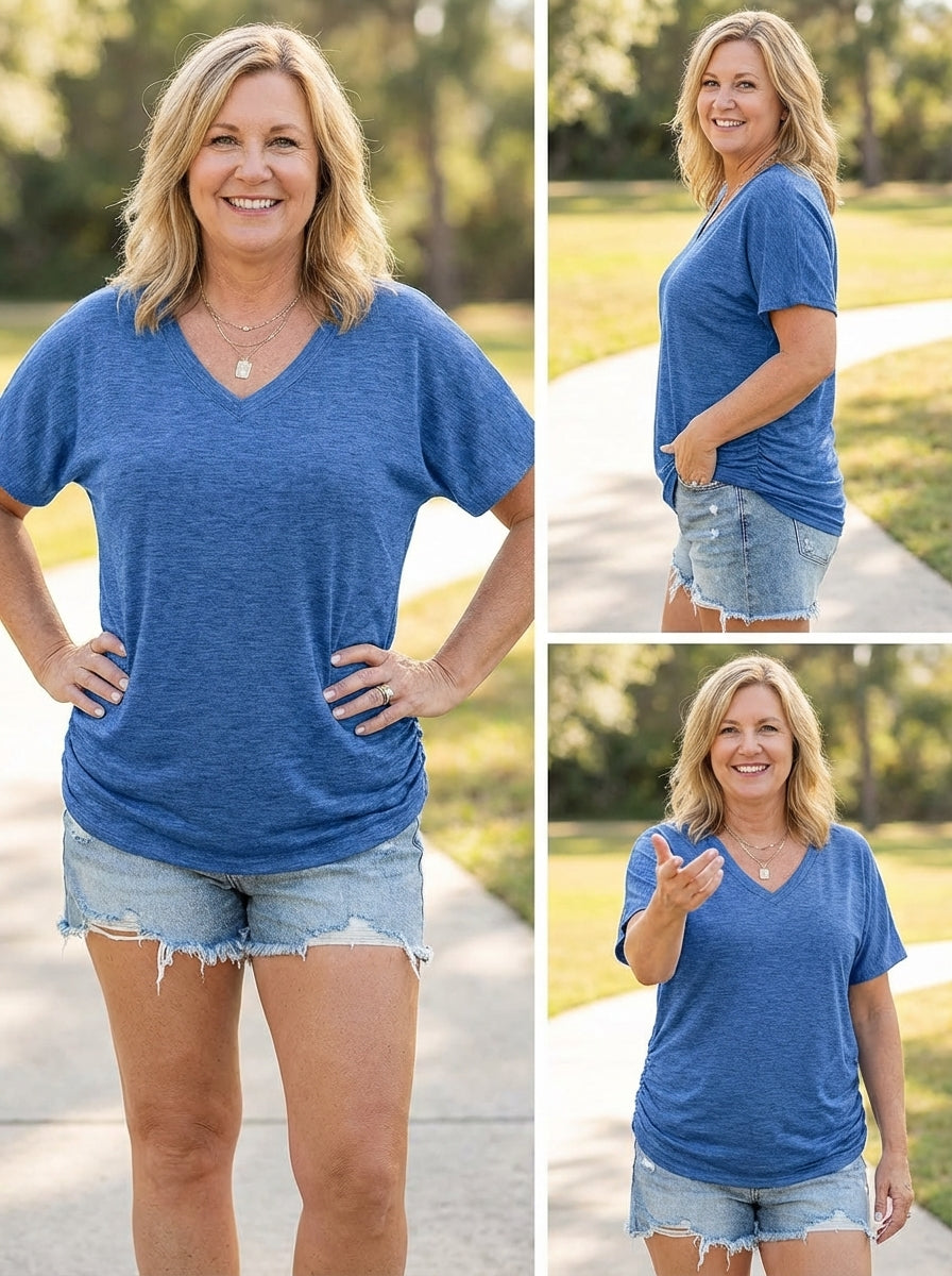 Soft V-Neck Dolman Loose Fit T-Shirt with Side Ruching