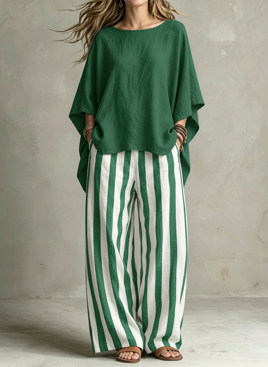 Women Relaxed Linen Stripe Wide-Leg Set