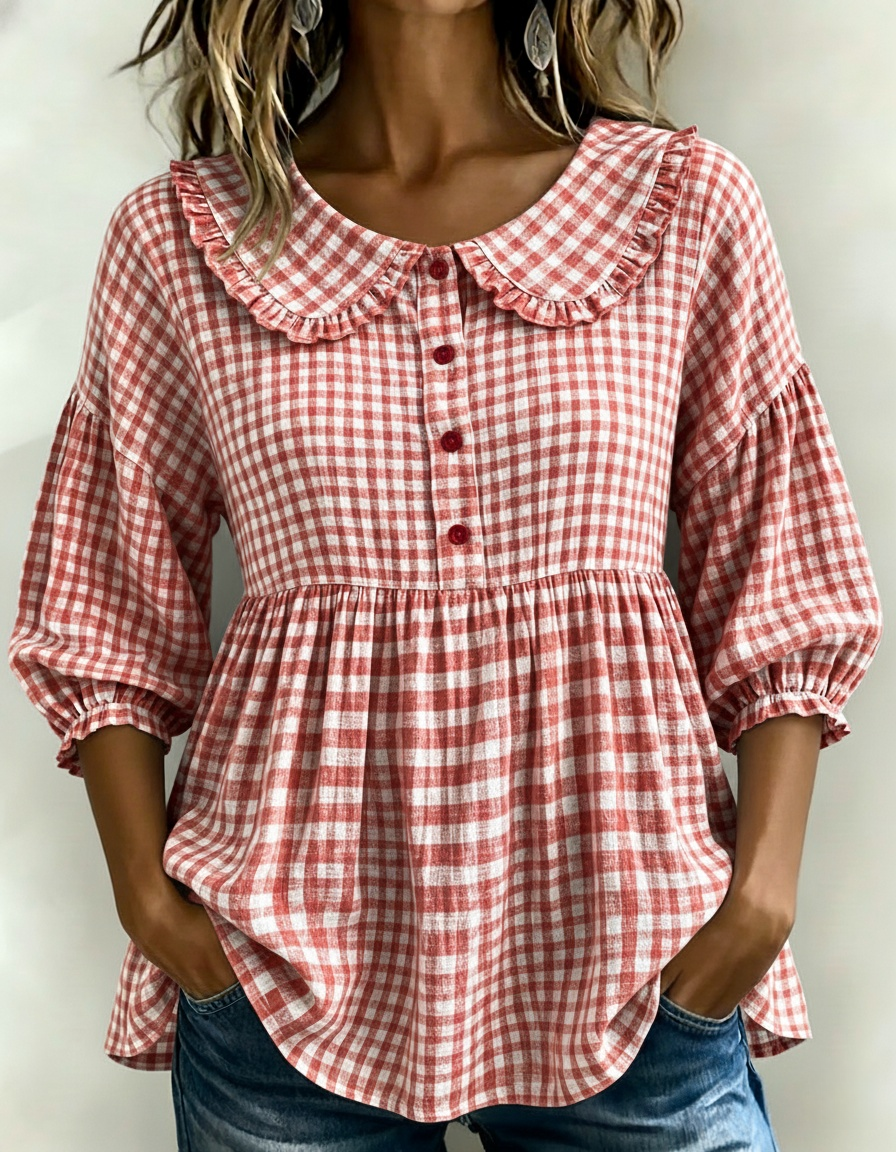 New Arrivals🔥Women's Gingham Puff Sleeve Peplum Blouse