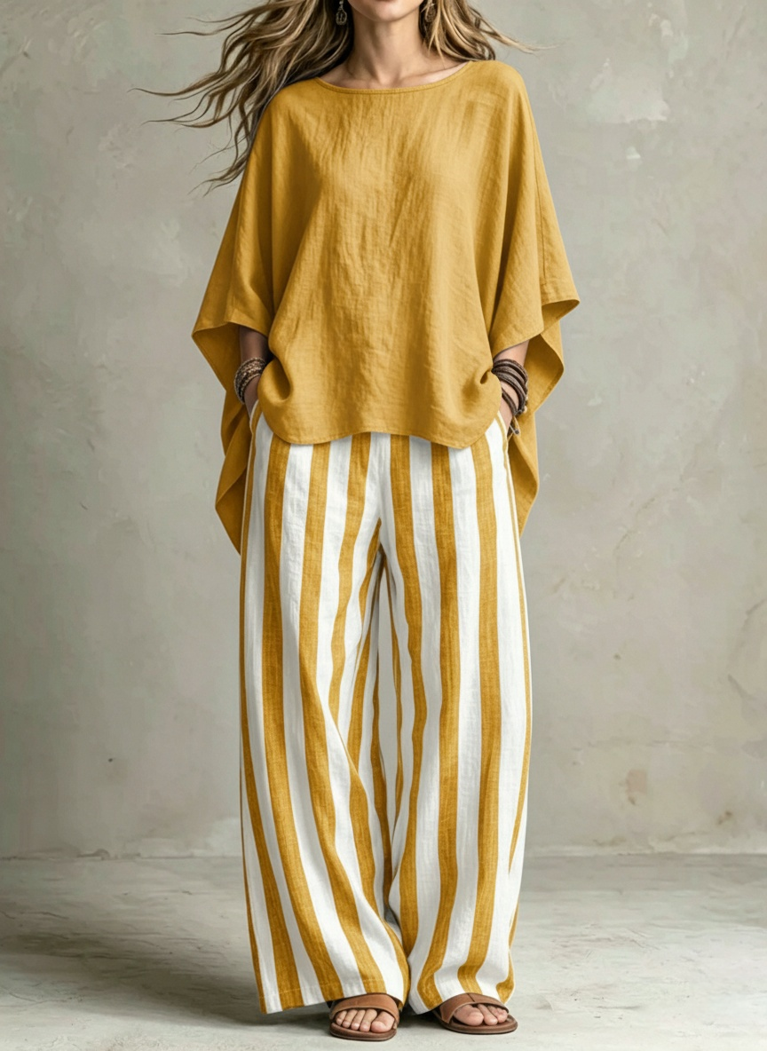 Women Relaxed Linen Stripe Wide-Leg Set