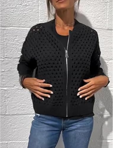 Women’s Casual Hollow Knitwear Zipper Jacket, Crochet Fishnet Knit Shrugs Sweater Jacket Lightweight Cardigans Sweater