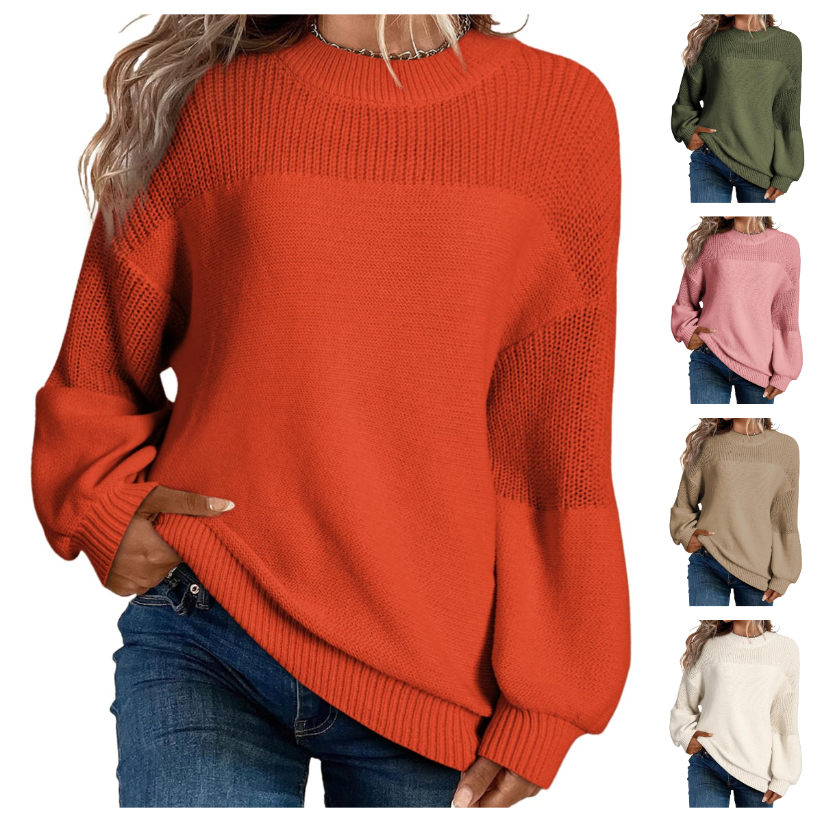 Women's Casual Long Sleeve Loose Round Neck Knit Solid Colour Pullover Sweater