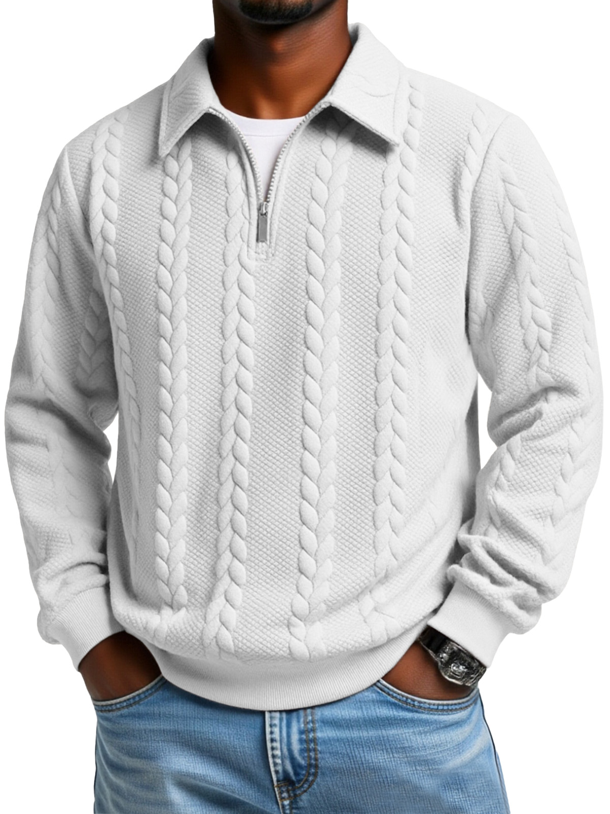 Men's Casual Solid Color Twist Texture Loose Long-sleeved Lapel Zipper Polo Shirt