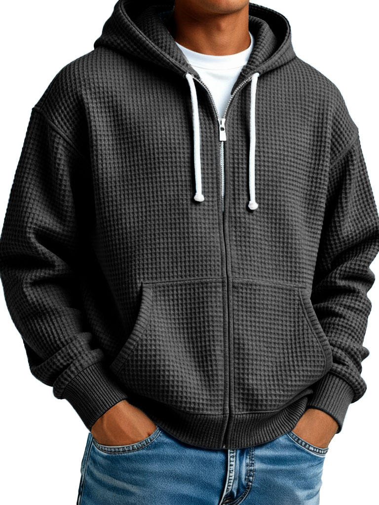 Men's Fashion Casual Waffle Weave Fabric Zipper Hooded Pocket Oversized Jacket