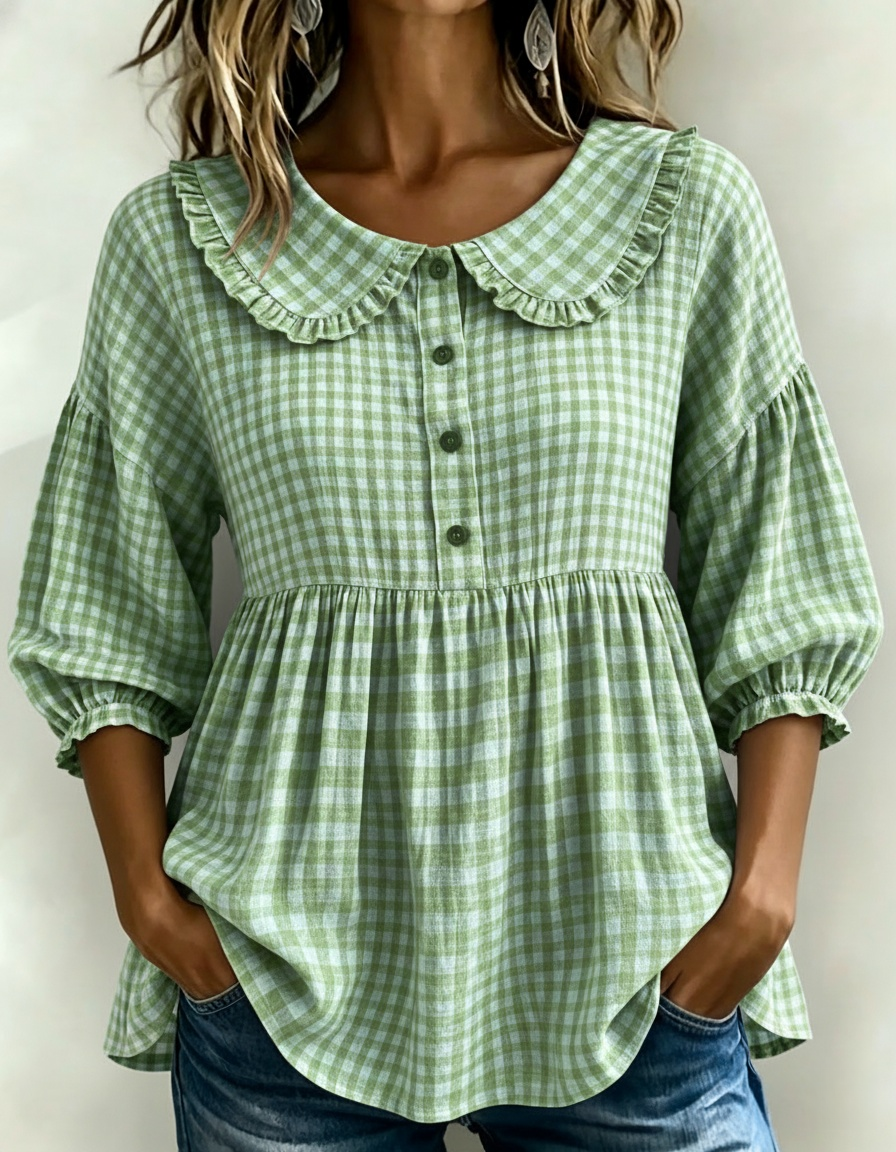 New Arrivals🔥Women's Gingham Puff Sleeve Peplum Blouse