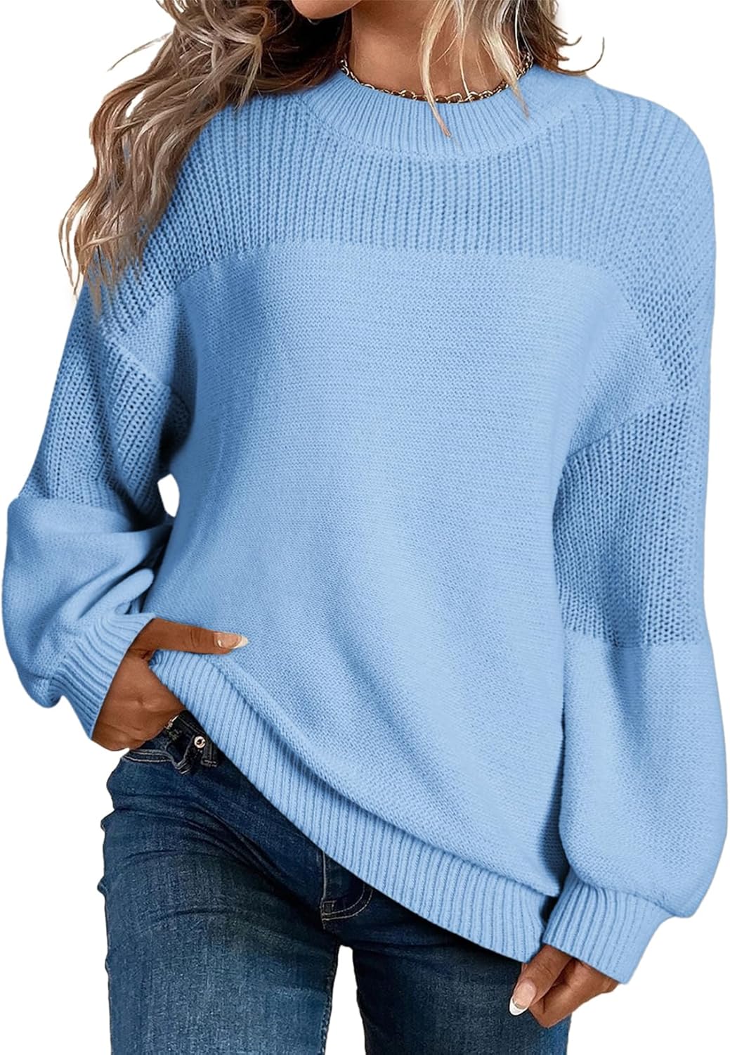 Women's Casual Long Sleeve Loose Round Neck Knit Solid Colour Pullover Sweater