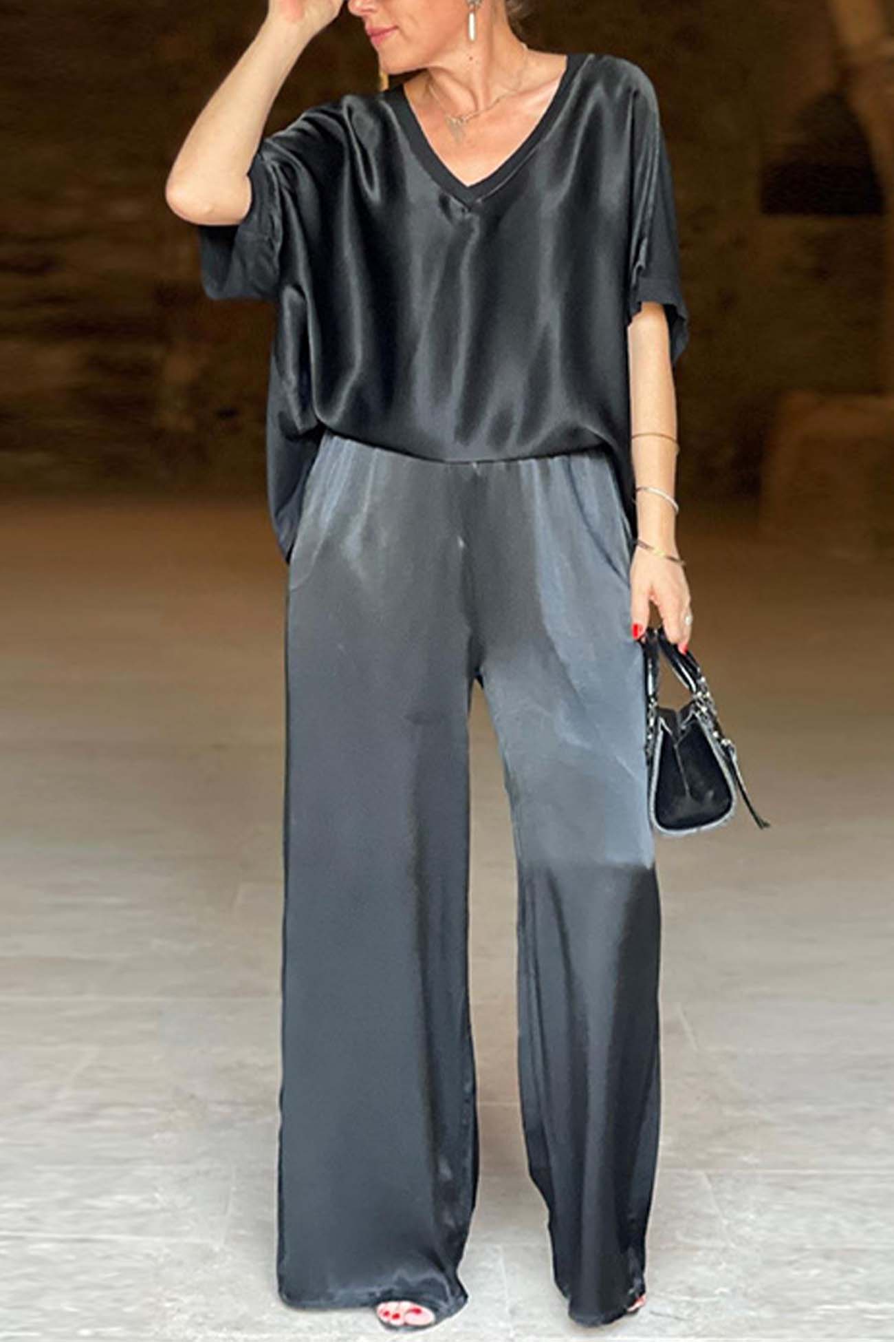 Women's V-Neck Tops Long Pants Set Casual Loose Outfit Summer Homewear Suit