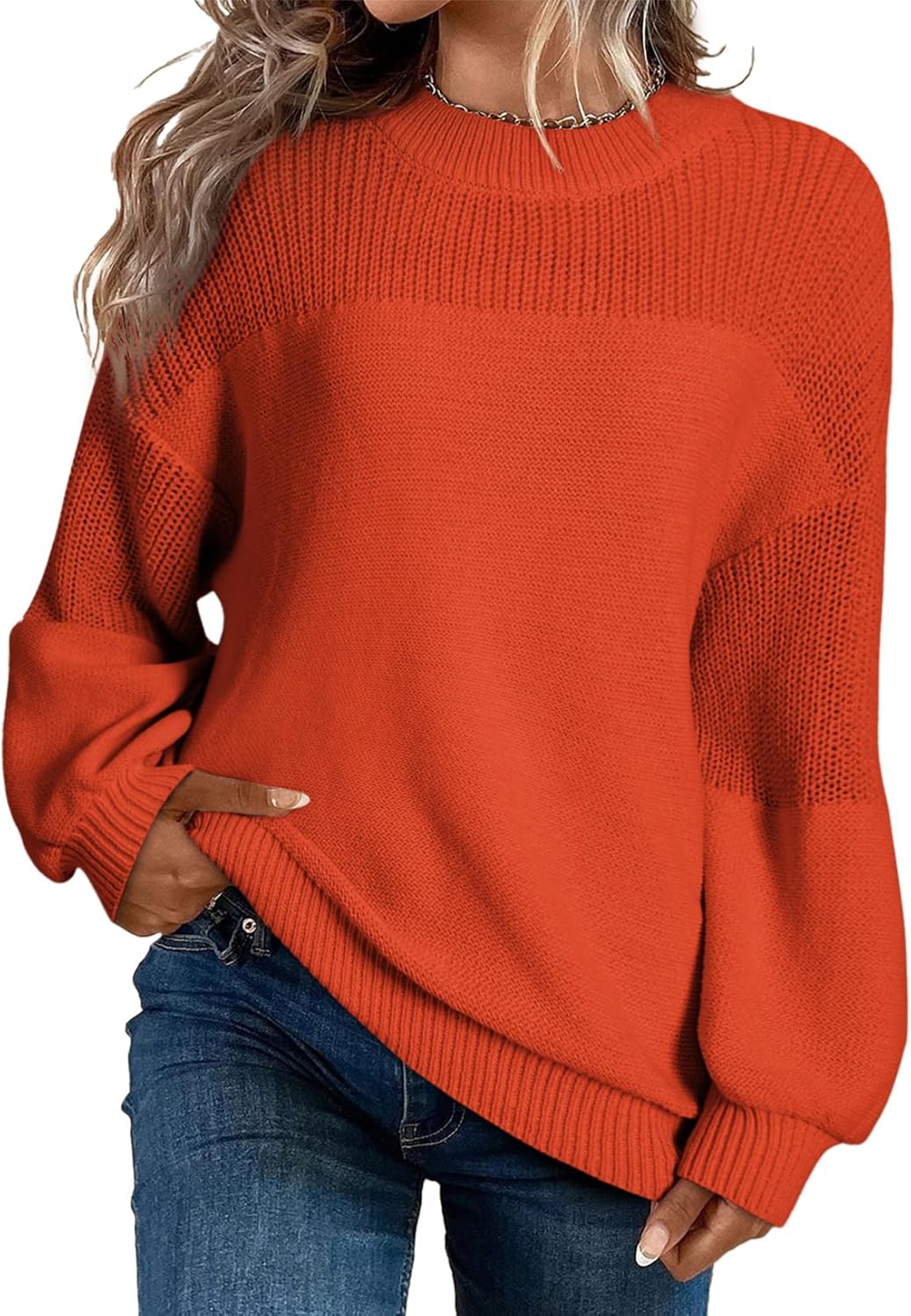 Women's Casual Long Sleeve Loose Round Neck Knit Solid Colour Pullover Sweater