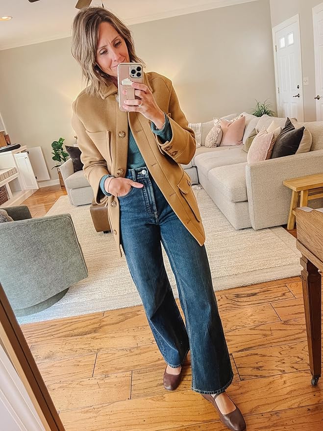 Omoone 2025 Winter Elegant Womens Pea Coat Mid Long Wool Coat Wool Blend Trench Coat with Pockets