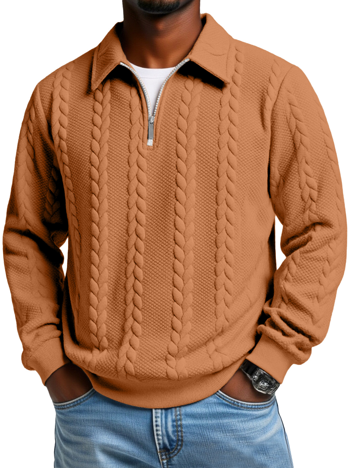Men's Casual Solid Color Twist Texture Loose Long-sleeved Lapel Zipper Polo Shirt