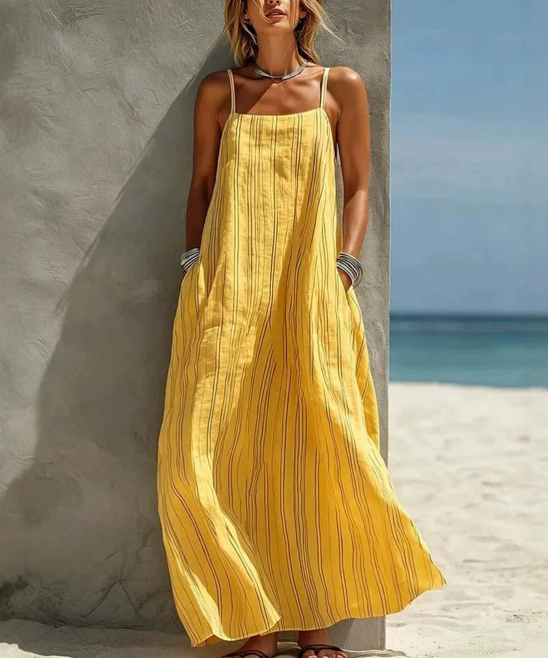 Women's Casual White Vertical Striped Woven Sleeveless Loose Long Dress MDZ0324C9AN