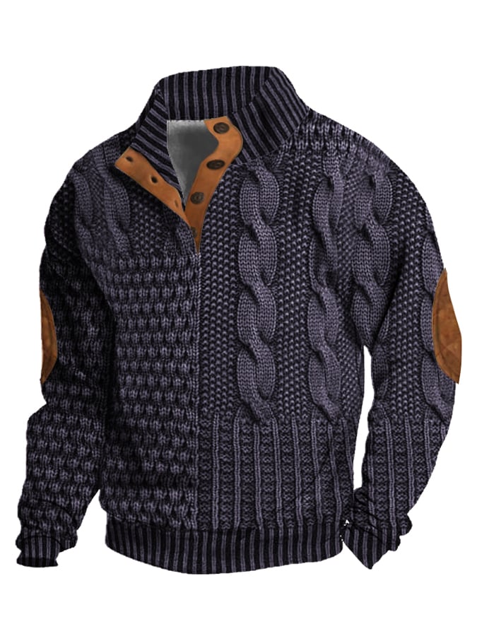 Men's Casual Retro Cashmere Stand Collar Button Sweatshirt