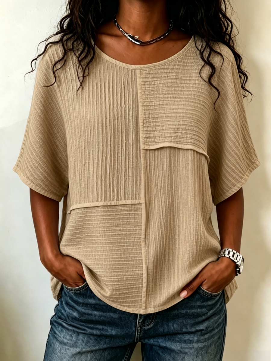 🔥CLEARANCE SALE🔥Women's Textured Patchwork Top with Round Neck and Short Sleeves