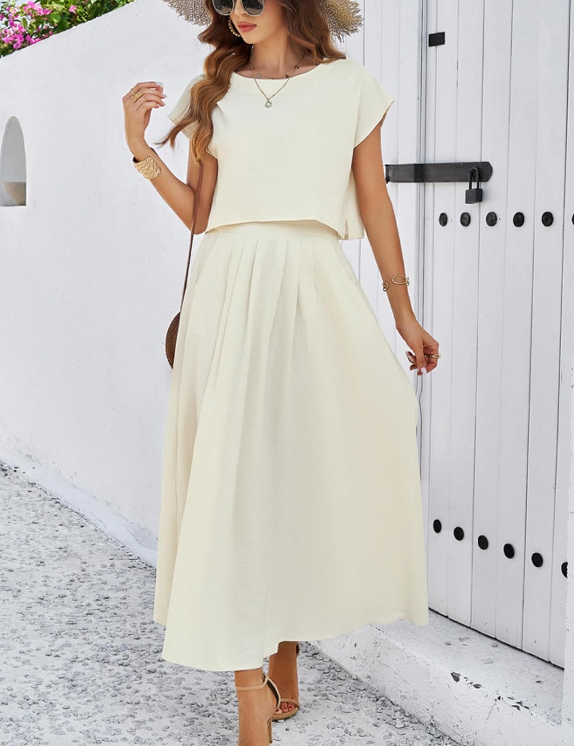 2025 Summer Skirt Sets Women 2 Piece Outfits Cap Sleeve Top Elastic Waist Maxi Dress Sets with Pockets