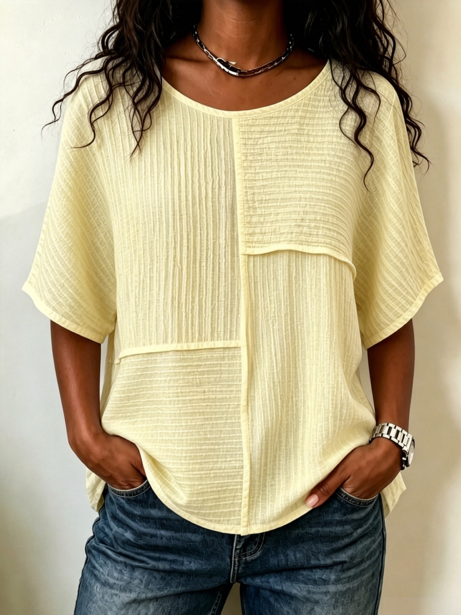 🔥CLEARANCE SALE🔥Women's Textured Patchwork Top with Round Neck and Short Sleeves